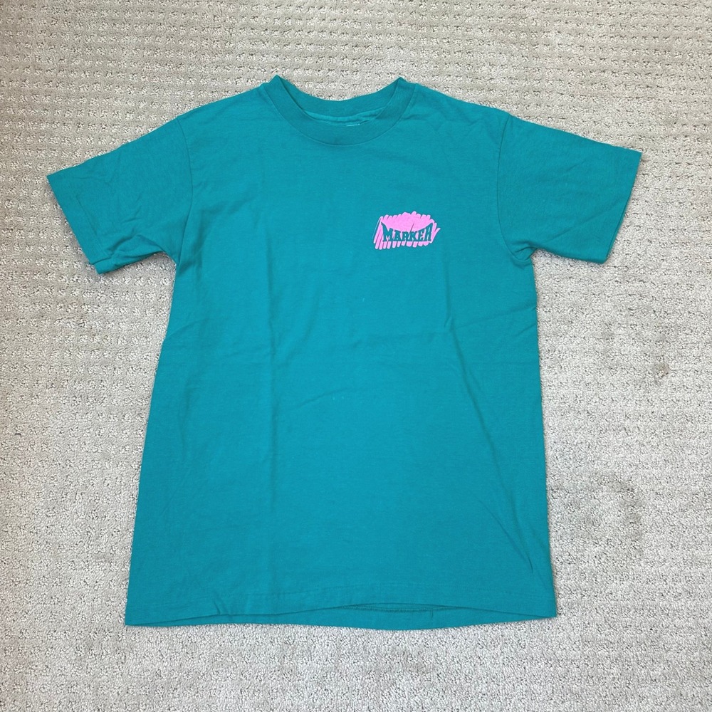 VTG Marker T-Shirt Medium 2-Side Graphic Ski Teal Single Stitch Hanes USA 90s - Picture 3 of 7